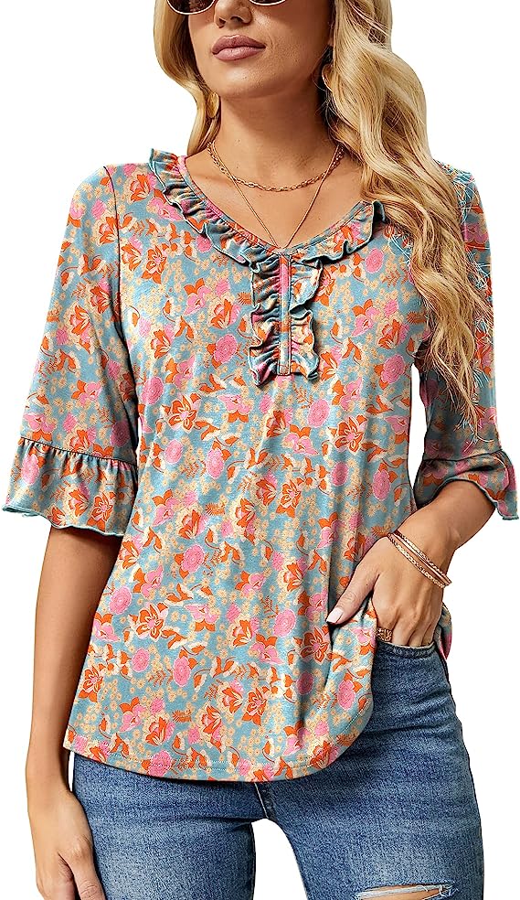 Light Green Pink Floral Casual V Neck T Shirts Loose Summer Tops Ruffle - Ivicoer | Women's Tops and Blouses