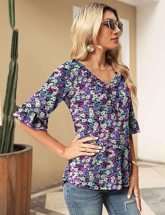 Black Casual V Neck T Shirts Loose Summer Tops Ruffle - Ivicoer | Women's Tops and Blouses