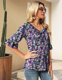 Light Green Pink Floral Casual V Neck T Shirts Loose Summer Tops Ruffle - Ivicoer | Women's Tops and Blouses
