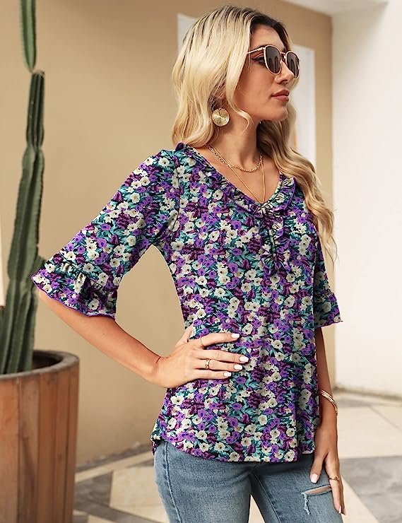 Roral Blue Boho Floral Casual V Neck T Shirts Loose Summer Tops Ruffle - Ivicoer | Women's Tops and Blouses