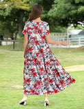 White Red Women Casual Loose Bohemian Floral Dress with Pockets Short Sleeve Long Maxi Summer Beach Swing Dress - Yesno | Women's Casual Dresses
