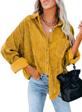 Yellow Long Sleeve Womens Corduroy Button Down Shirts Boyfriend Long Sleeve Oversized Blouses Tops - Dokotoo | Women's Tops and Blouses