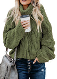 Green Women's Turtleneck Balloon Long Sleeve Casual Loose Chunky Cable Knit Pullover Sweater Outerwear - FARYSAYS | Women's Sweaters
