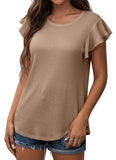 Khaki Ruffle Short Sleeve Top Waffle Knit Tunic Casual Blouse Round Neck Shirts Summer Tank Tops for Women - IWOLLENCE | Women's Tops and Blouses
