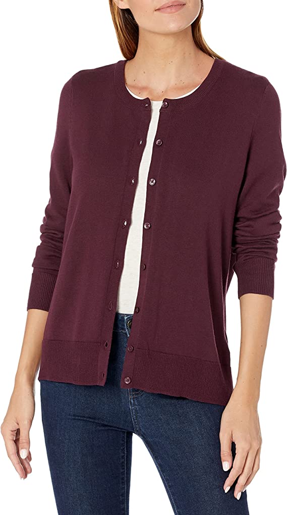 Burgundy Women's Lightweight Crewneck Cardigan Sweater (Available in Plus Size) - AE Store | Women's Cardigan