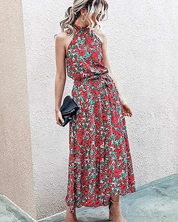 Z Red Women's Casual Halter Neck Sleeveless Floral Long Maxi Dress Backless Loose Ruffle Sundress with Belt - PRETTYGARDEN | Women's Formal Dresses
