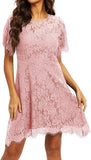 Pink Women's Elegant Round Neck Short Sleeve A-Line Lace Dress - ALLANDWELL | Women's Cocktail Dresses