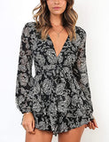 Black Women's Jumpsuit Floral Print V Neck Baggy Sleeve Waist Tie Double Layer Ruffle Hem Short Mini Dress Romper - Relipop | Women's Casual Dresses