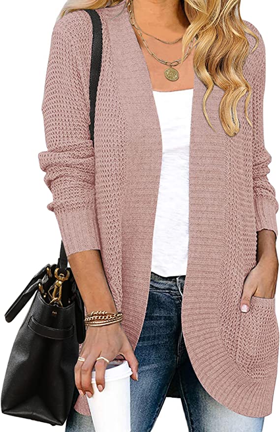 Dusty Pink Women's Long Sleeve Open Front Casual Lightweight Soft Knit Cardigan Sweater Outerwear - ZESICA | Women's Cardigan