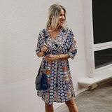 Blue Women's Boho Tribal Print Short Sleeve V Neck Tie Back Summer Shift Dress - Romwe | Women's Casual Dresses