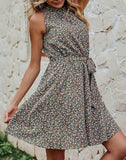 Floral Print Dark Green Women Floral Dresses Casual Summer Sleeveless Halter Neck Ruffle Belt Boho Polka Dot Leopard Print Sun Short Dress - BTFBM | Women's Casual Dresses
