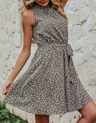 Floral Print Dark Green Women Floral Dresses Casual Summer Sleeveless Halter Neck Ruffle Belt Boho Polka Dot Leopard Print Sun Short Dress - BTFBM | Women's Casual Dresses