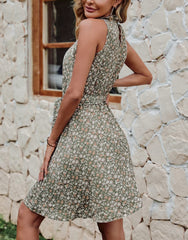 Floral Print Army Green Women Floral Dresses Casual Summer Sleeveless Halter Neck Ruffle Belt Boho Polka Dot Leopard Print Sun Short Dress - BTFBM | Women's Casual Dresses