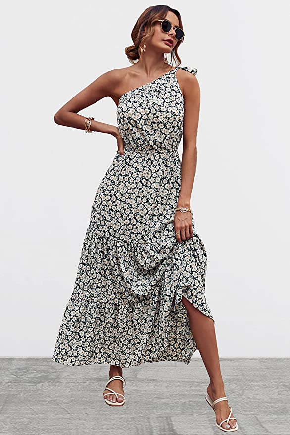 Black White Women's Summer Floral Maxi Dresses - Prettygarden | Women's Formal Dresses