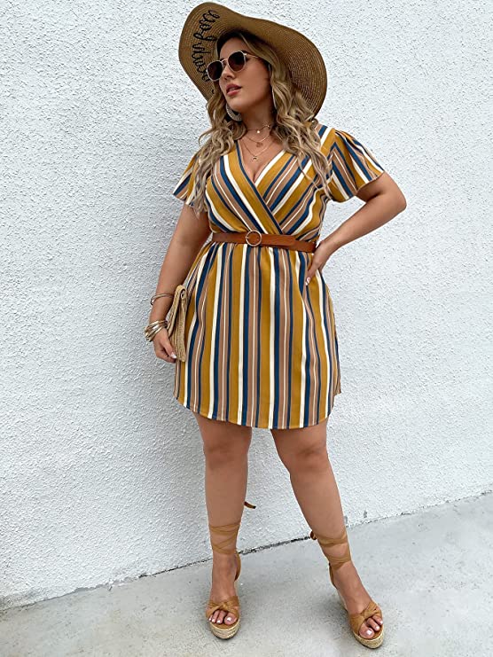 Mustard Yellow Women's Plus Size Striped Print Wrap V Neck Short Sleeve A Line Dress - Floerns | Women's Formal Dresses