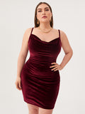 Women's Plus Size Sexy Spaghetti Strap Cowl Neck Velvet Mini Bodycon Dress