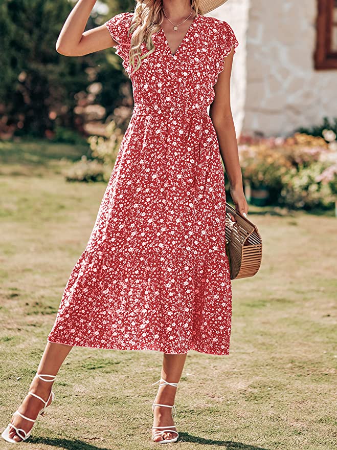 Floral White Red Women Summer Bohemian Floral Casual Wrap V Neck Ruffle Cap Sleeveless Belt A-Line Pleated Hem Swing Midi Sun Dress - BTFBM | Women's Casual Dresses