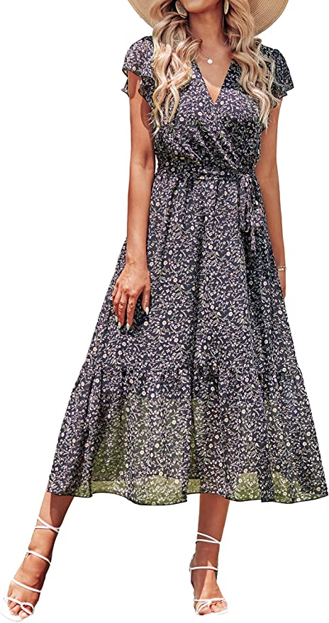 Floral Black Women Summer Bohemian Floral Casual Wrap V Neck Ruffle Cap Sleeveless Belt A-Line Pleated Hem Swing Midi Sun Dress - BTFBM | Women's Casual Dresses