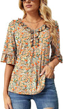 Green Orange Floral Half Sleeve Casual V Neck T Shirts Loose Summer Tops Ruffle - Ivicoer | Women's Tops and Blouses
