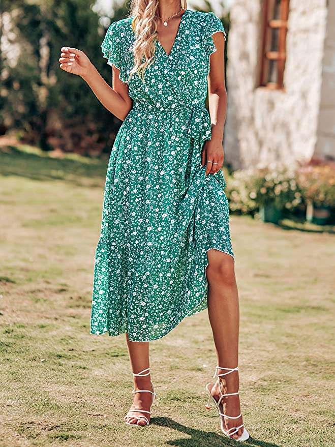 Floral White Green Women Summer Bohemian Floral Casual Wrap V Neck Ruffle Cap Sleeveless Belt A-Line Pleated Hem Swing Midi Sun Dress - BTFBM | Women's Casual Dresses