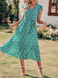 Floral White Green Women Summer Bohemian Floral Casual Wrap V Neck Ruffle Cap Sleeveless Belt A-Line Pleated Hem Swing Midi Sun Dress - BTFBM | Women's Casual Dresses