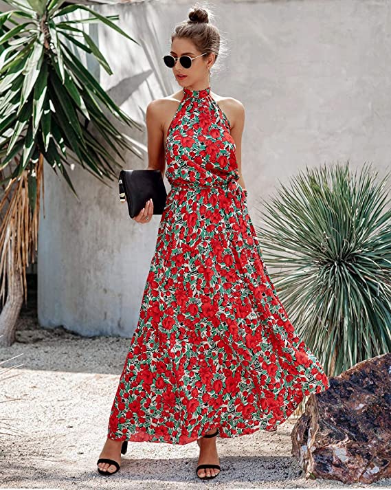 Z Red Women's Casual Halter Neck Sleeveless Floral Long Maxi Dress Backless Loose Ruffle Sundress with Belt - PRETTYGARDEN | Women's Formal Dresses