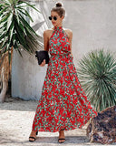 Z Red Women's Casual Halter Neck Sleeveless Floral Long Maxi Dress Backless Loose Ruffle Sundress with Belt - PRETTYGARDEN | Women's Formal Dresses