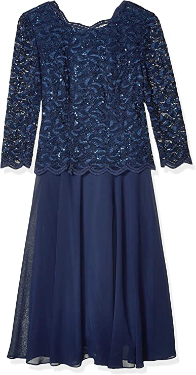 Champagne Ivory Plus Size Women's Long Evening Gown With Sequin Lace Bodice Tea Length Lace Mock Dress - Alex Evenings | Women's Formal Dresses