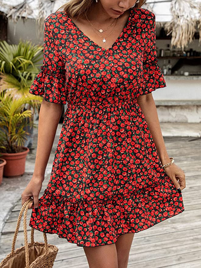 Floral Print Red Women's Boho Tribal Print Short Sleeve V Neck Tie Back Summer Shift Dress - Romwe | Women's Casual Dresses