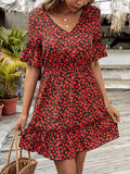 Floral Print Red Women's Boho Tribal Print Short Sleeve V Neck Tie Back Summer Shift Dress - Romwe | Women's Casual Dresses
