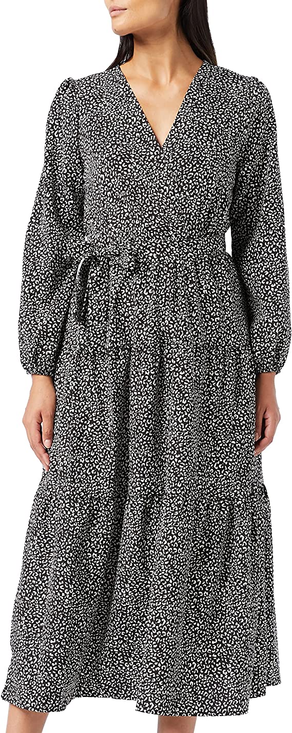 Black Leopard Boho Print Maxi Dress Ruffle Long Sleeve Wrap V Neck Casual A Line Flowy Party Long Dress with Belt - Find | Women's Casual Dresses