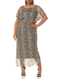 Black and Gold Plus Women's Blouson Metallic Crochet Dress with Fringe Hemline - S.L. Fashions | Women's Cocktail Dresses