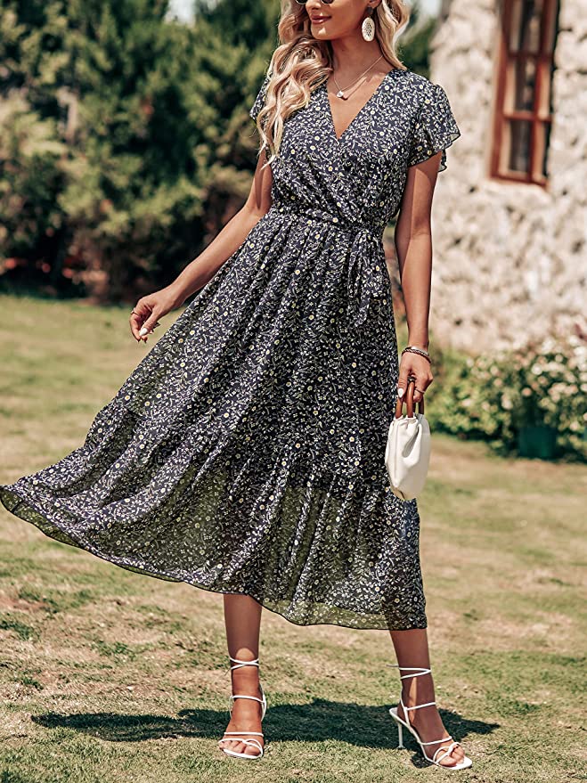 Floral Black Women Summer Bohemian Floral Casual Wrap V Neck Ruffle Cap Sleeveless Belt A-Line Pleated Hem Swing Midi Sun Dress - BTFBM | Women's Casual Dresses