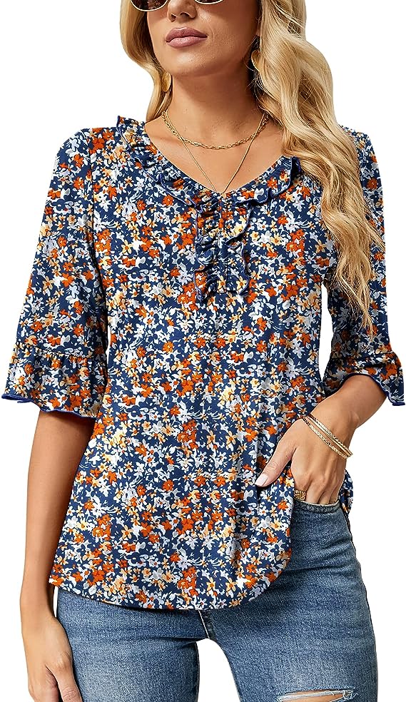 Navy Orange Floral Casual V Neck T Shirts Loose Summer Tops Ruffle - Ivicoer | Women's Tops and Blouses