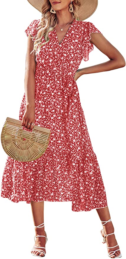Floral White Red Women Summer Bohemian Floral Casual Wrap V Neck Ruffle Cap Sleeveless Belt A-Line Pleated Hem Swing Midi Sun Dress - BTFBM | Women's Casual Dresses