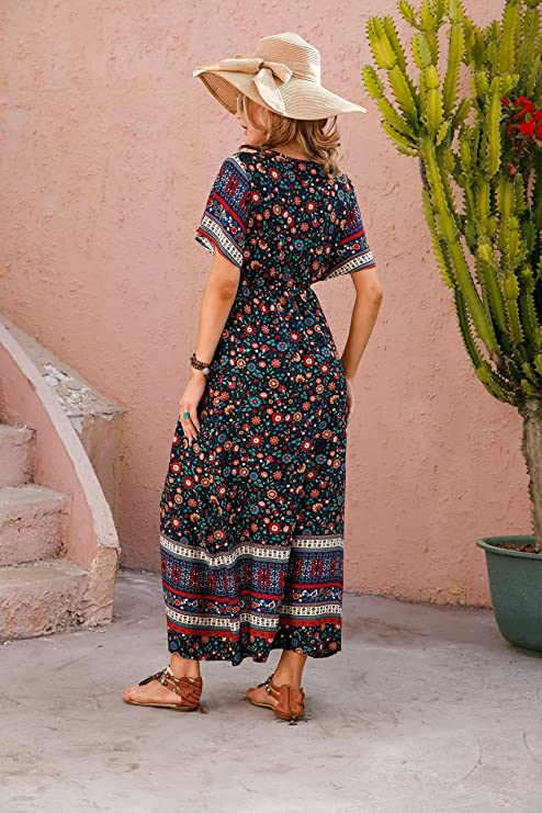 Navy Blue Summer Maxi Boho Beach Dress Floral Print Dress V Neck Short Sleeve Drawstring High Waist Flowy Long Midi Dresses - GRECERELLE | Women's Casual Dresses