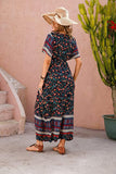 Navy Blue Summer Maxi Boho Beach Dress Floral Print Dress V Neck Short Sleeve Drawstring High Waist Flowy Long Midi Dresses - GRECERELLE | Women's Casual Dresses