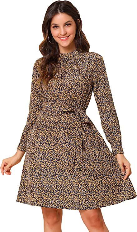 Blue Yellow Mock Neck Long Sleeve Tie Waist Flare Floral Midi Dress - Allegra K | Women's Casual Dresses