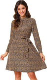 Blue Yellow Mock Neck Long Sleeve Tie Waist Flare Floral Midi Dress - Allegra K | Women's Casual Dresses