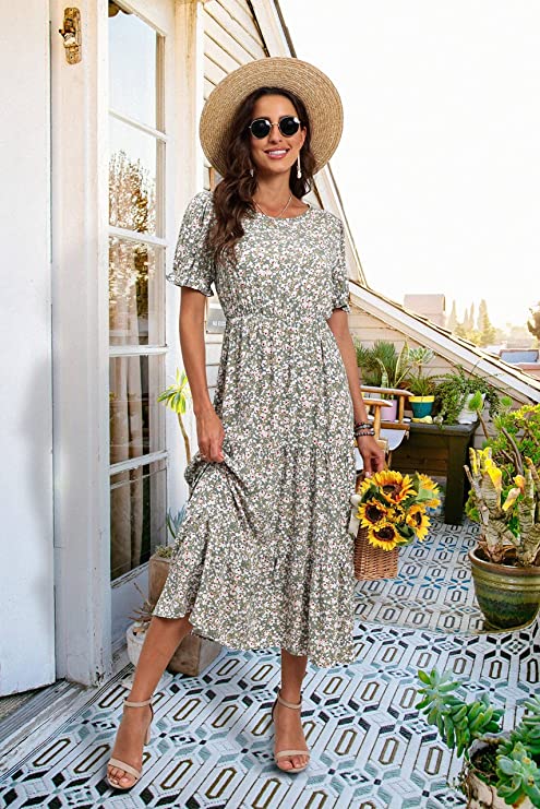 Tulip Blue Grey Summer Midi Dress Floral Print Boho Dress Ruffle Puff Sleeve High Waist A-Line Casual Boho Cocktail Holiday Beach Long Dress - GRECERELLE | Women's Casual Dresses