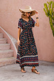 Navy Blue Summer Maxi Boho Beach Dress Floral Print Dress V Neck Short Sleeve Drawstring High Waist Flowy Long Midi Dresses - GRECERELLE | Women's Casual Dresses