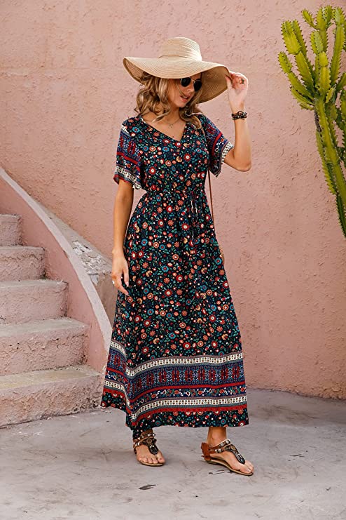 Blue Leadwort Red Summer Maxi Boho Beach Dress Floral Print Dress V Neck Short Sleeve Drawstring High Waist Flowy Long Midi Dresses - GRECERELLE | Women's Casual Dresses