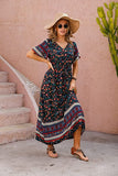 Lily Green Summer Maxi Boho Beach Dress Floral Print Dress V Neck Short Sleeve Drawstring High Waist Flowy Long Midi Dresses - GRECERELLE | Women's Casual Dresses