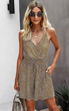 Coffee Women's Sexy V Neck Printed Spaghetti Strap Beach Romper Shorts Jumpsuit - Angashion | Women's Cocktail Dresses