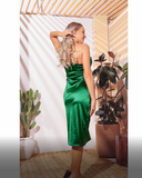 Women's Elegant One Shoulder Sleeveless Split Hem Satin Party Cocktail Midi Dress