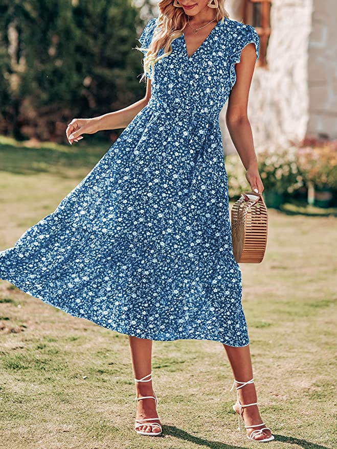 Floral White Blue Women Summer Bohemian Floral Casual Wrap V Neck Ruffle Cap Sleeveless Belt A-Line Pleated Hem Swing Midi Sun Dress - BTFBM | Women's Casual Dresses