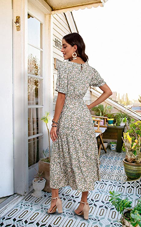 Pink Summer Midi Dress Floral Print Boho Dress Ruffle Puff Sleeve