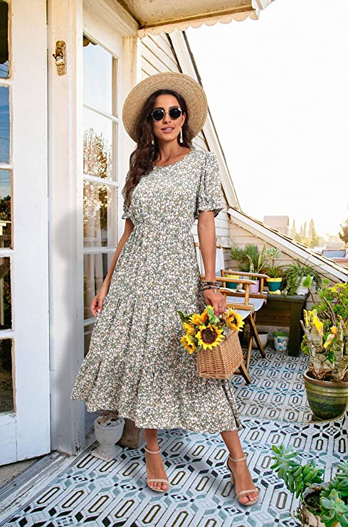 Wine Red Summer Midi Dress Floral Print Boho Dress Ruffle Puff Sleeve High Waist A-Line Casual Boho Cocktail Holiday Beach Long Dress - GRECERELLE | Women's Casual Dresses