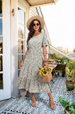 Grey Blue Summer Midi Dress Floral Print Boho Dress Ruffle Puff Sleeve High Waist A-Line Casual Boho Cocktail Holiday Beach Long Dress - GRECERELLE | Women's Casual Dresses