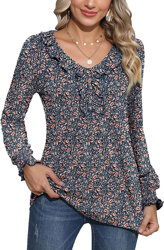 Blue Brown Floral Casual V Neck T Shirts Loose Summer Tops Ruffle - Ivicoer | Women's Tops and Blouses